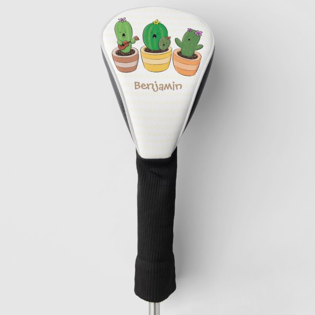 Cute cactus trio singing cartoon illustration golf head cover (Front)