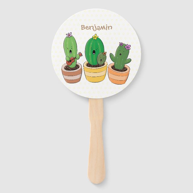 Cute cactus trio singing cartoon illustration hand fan (Front)