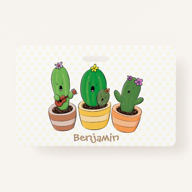Cute cactus trio singing cartoon illustration ID badge (Front)