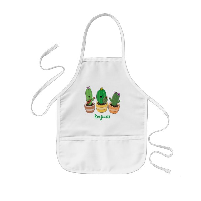 Cute cactus trio singing cartoon illustration kids apron (Front)