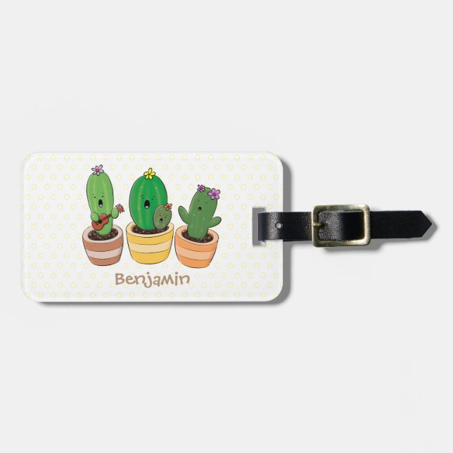 Cute cactus trio singing cartoon illustration luggage tag (Front Horizontal)