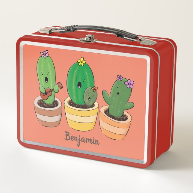 Cute cactus trio singing cartoon illustration metal lunch box (Front)