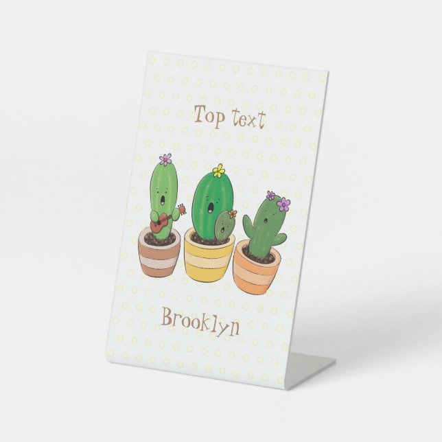 Cute cactus trio singing cartoon illustration pedestal sign (Front)