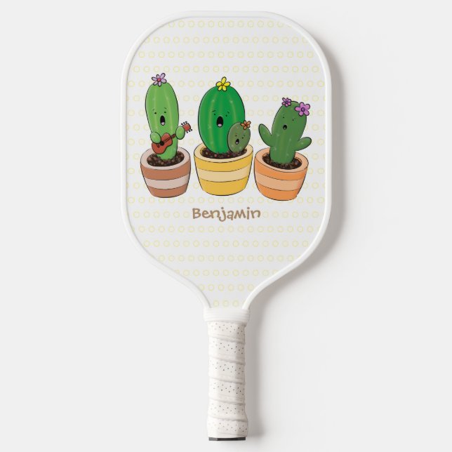 Cute cactus trio singing cartoon illustration  pickleball paddle (Front)