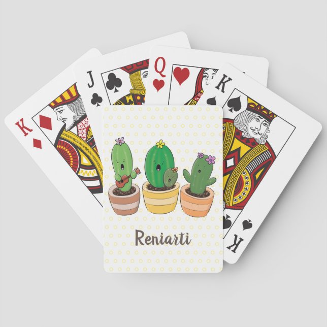 Cute cactus trio singing cartoon illustration playing cards (Back)