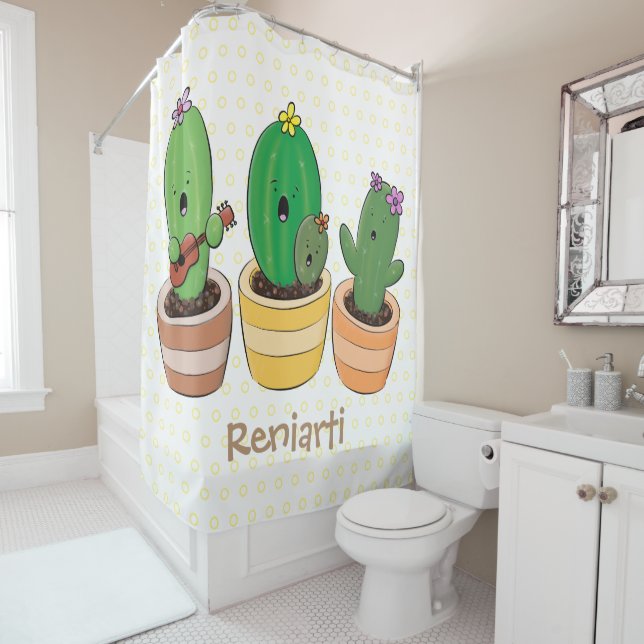 Cute cactus trio singing cartoon illustration shower curtain (In Situ)