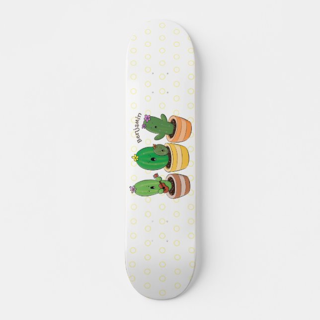 Cute cactus trio singing cartoon illustration skateboard (Front)