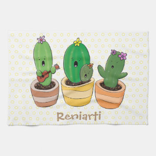 Cute cactus trio singing cartoon illustration tea towel