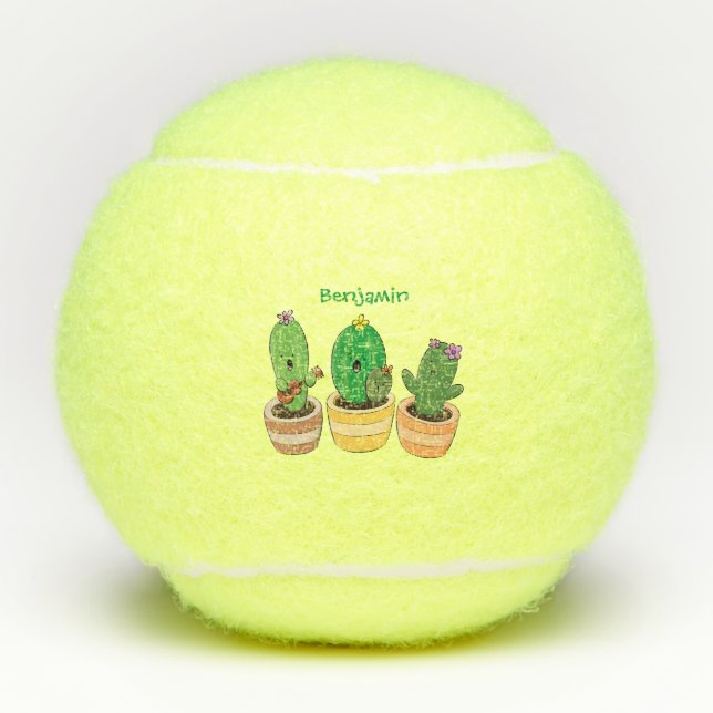 Cute cactus trio singing cartoon illustration tennis balls (Front)