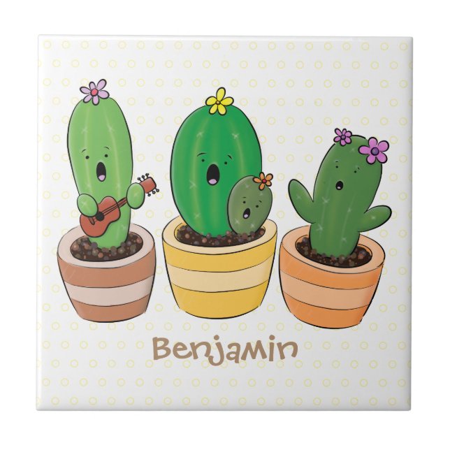 Cute cactus trio singing cartoon illustration tile (Front)