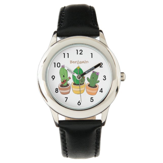 Cute cactus trio singing cartoon illustration watch (Front)