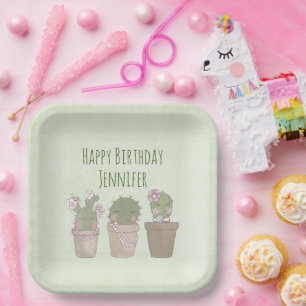 Cute Cactus Trio Wearing Jewellery Birthday Paper Plate