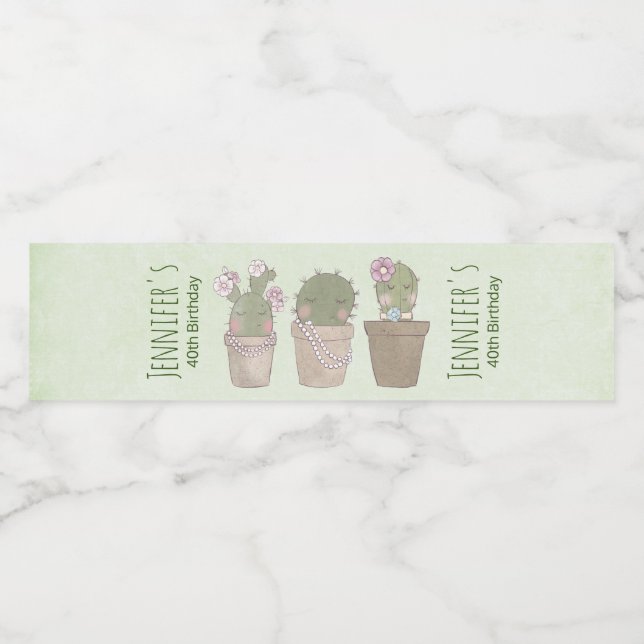 Cute Cactus Trio Wearing Jewellery Birthday Water Bottle Label (Single Label)