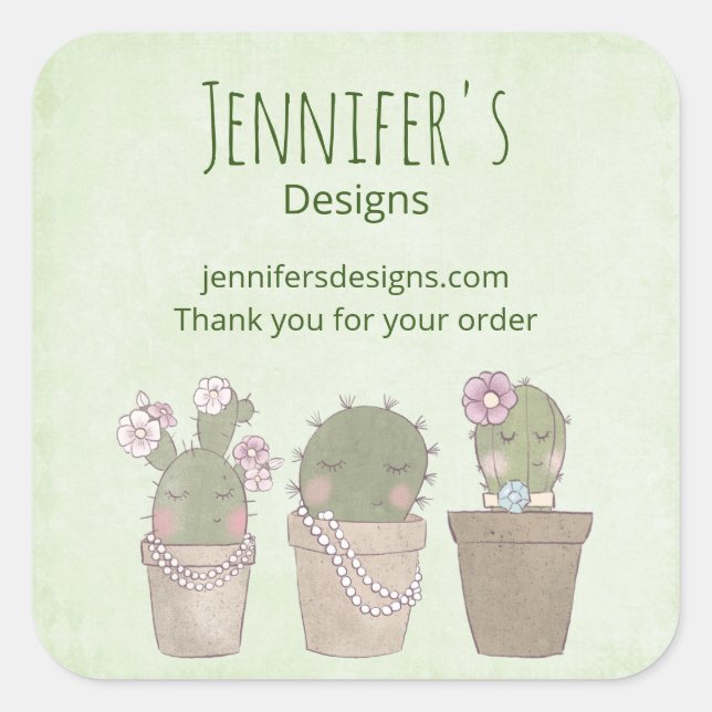 Cute Cactus Trio Wearing Jewellery Business Square Sticker (Front)
