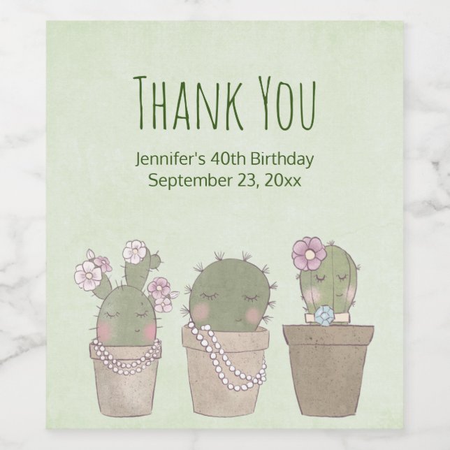 Cute Cactus Trio Wearing Jewellery Party Thank You Wine Label (Single Label)