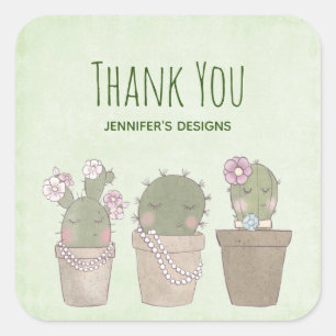 Cute Cactus Trio Wearing Jewellery Thank You Square Sticker