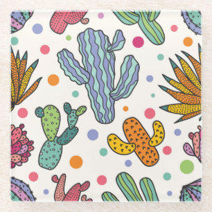 Cute Cactus Vintage Seamless Pattern Glass Coaster