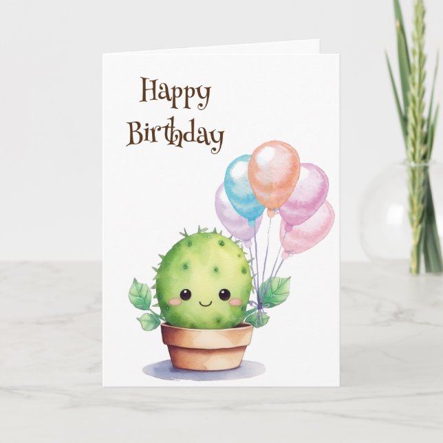 Cute Cactus with Birthday Balloons Card (Front)