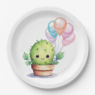 Cute Cactus with Birthday Balloons Paper Plate