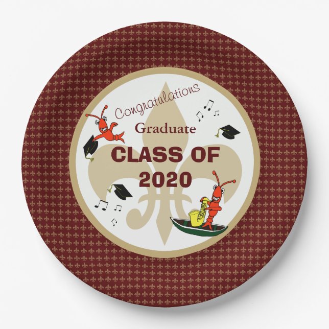 Cute Cajun Crawfish Maroon Gold Graduation Paper Plate (Front)