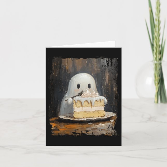 Cute Cake Ghost Eating Cake Funny Halloween Food L Card (Front)