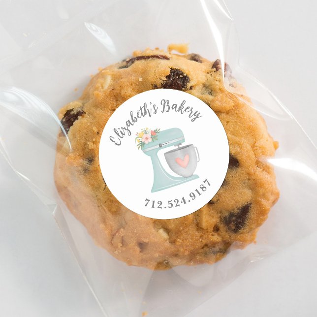 Cute Cake Mixer Bakery Business Classic Round Stic Classic Round Sticker (A pretty blue mixer decorates this bakery sticker. Personalize it with your bakery name.)