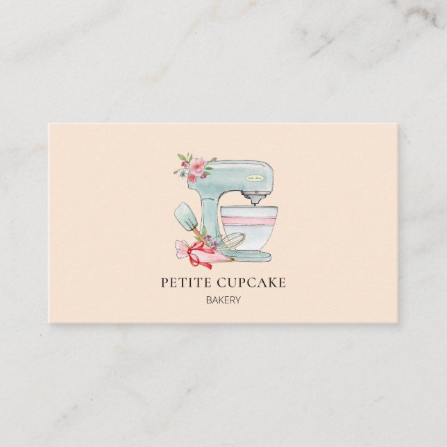 Cute cake mixer peach bakery business card (Front)