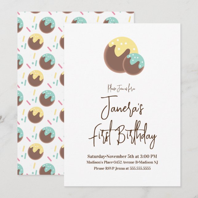 Cute Cake Pop Balls First Birthday Invitation (Front/Back)