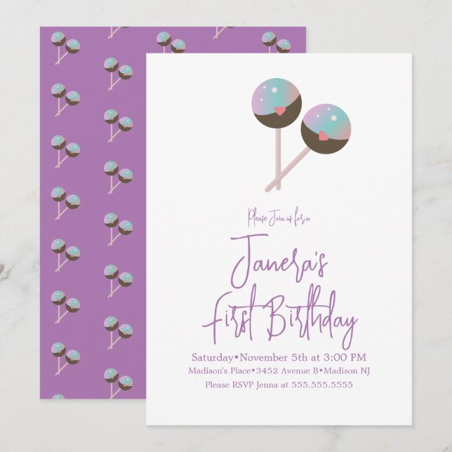 Cute Cake Pop Candy Bar First Birthday Invitation (Front/Back)