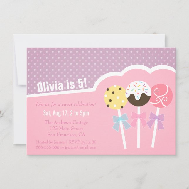 Cute Cake Pops Girls Birthday Party Invitations (Front)