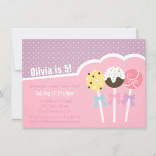Cute Cake Pops Girls Birthday Party Invitations