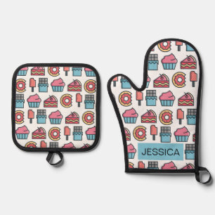 Cute Cakes and Desserts Pattern Personalised Oven Mitt & Pot Holder Set