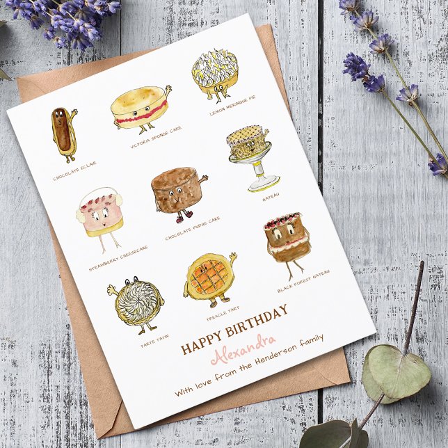 cute cakes dessert Illustrations Postcard (Baking cake lover happy birthday personalized greetings card)