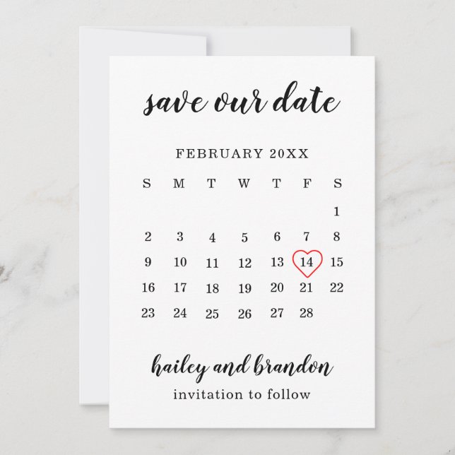 Cute Calendar Red Heart Modern Wedding Save The Date (Front)