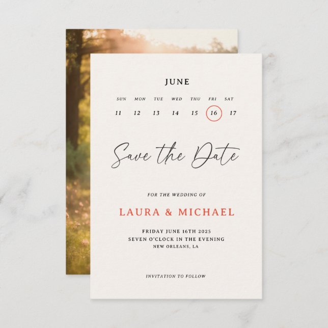 Cute Calendar Save The Date With Photo  Invitation (Front/Back)