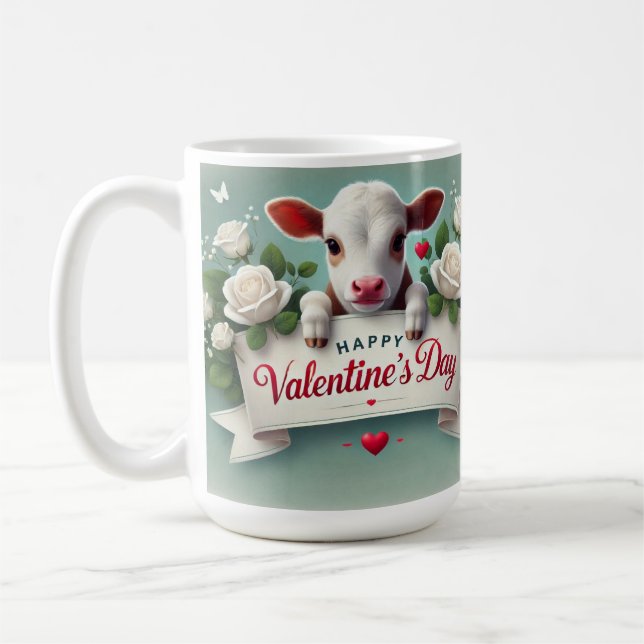 Cute Calf Holding Valentine's Day Greeting Banner  Coffee Mug (Left)