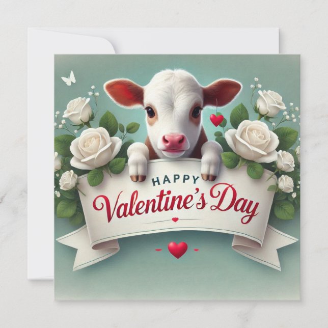 Cute Calf Holding Valentine's Day Greeting Banner  Holiday Card (Front)