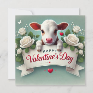 Cute Calf Holding Valentine's Day Greeting Banner  Holiday Card