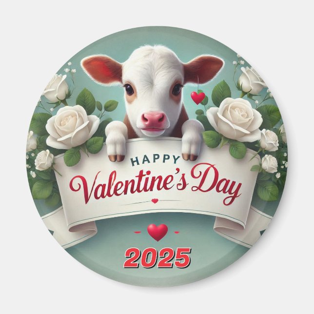 Cute Calf Holding Valentine's Day Greeting Banner  Magnet (Front)