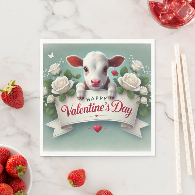 Cute Calf Holding Valentine's Day Greeting Banner  Napkin (Insitu)
