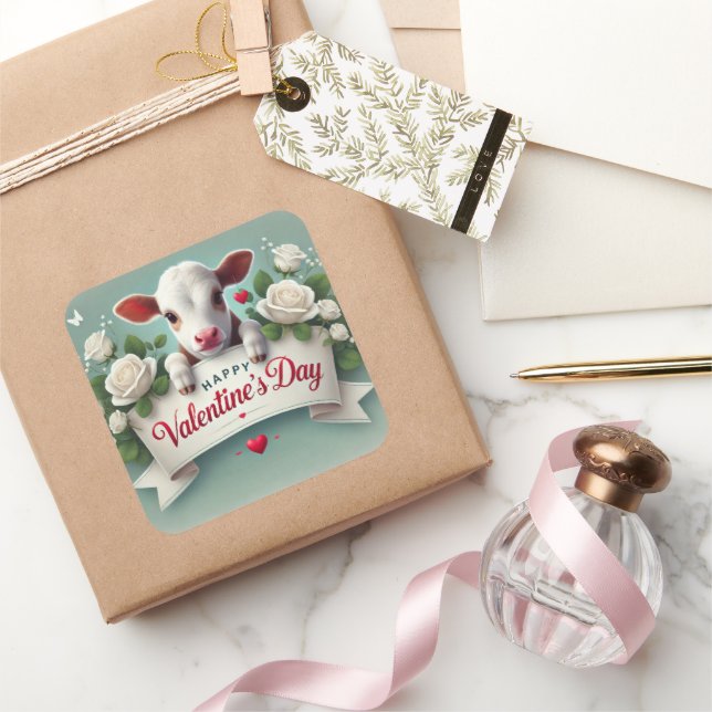 Cute Calf Holding Valentine's Day Greeting Banner  Square Sticker (Gifting)