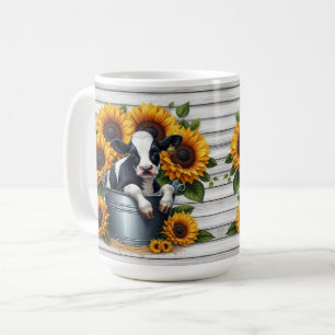 Cute Calf in Metal Bucket with Vibrant Sunflowers Coffee Mug