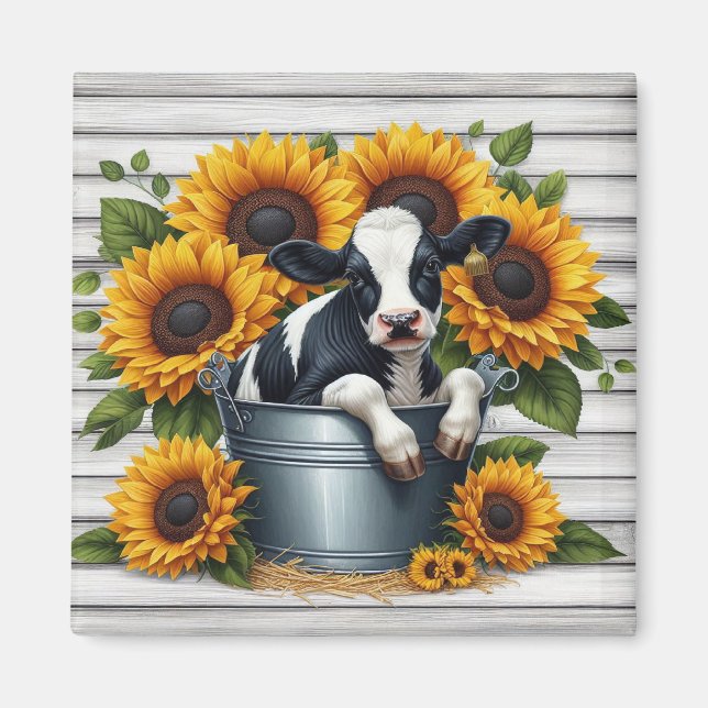Cute Calf in Metal Bucket with Vibrant Sunflowers Magnet (Front)