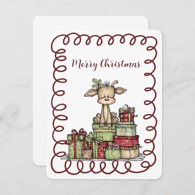 Cute Calf Sitting on a Stack of Christmas Presents Holiday Card (Front/Back)