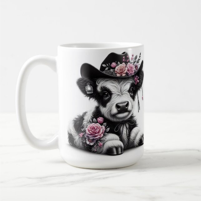 Cute Calf Wearing Hat Adorned with Flowers  Coffee Mug (Left)