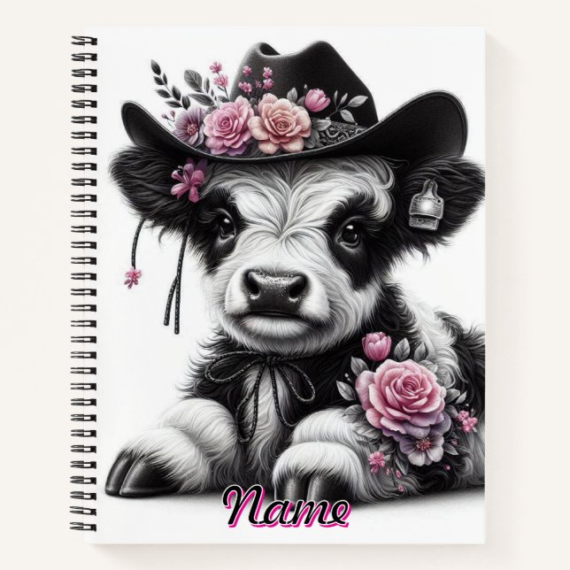 Cute Calf Wearing Hat Adorned with Flowers  Notebook (Front)