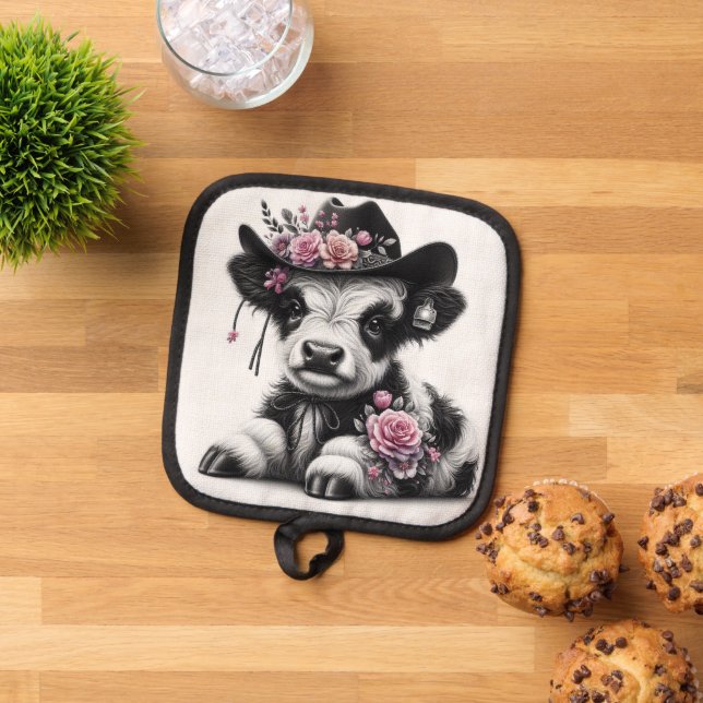 Cute Calf Wearing Hat Adorned with Flowers  Pot Holder (Top Down)