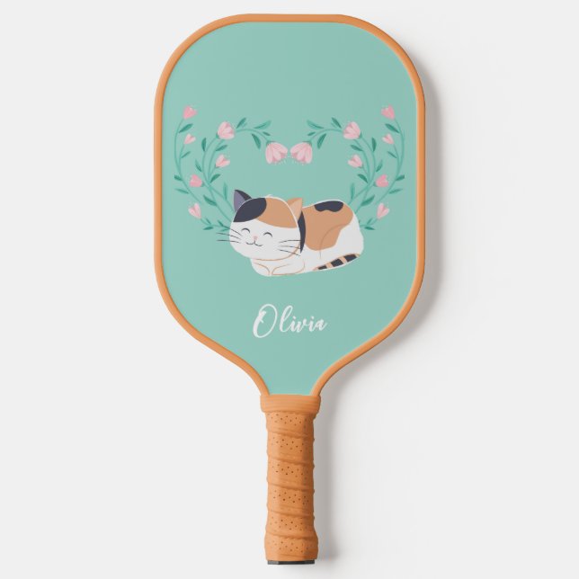 Cute Calico Cat and Floral Pickleball Paddle (Front)