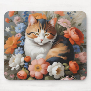 Cute calico cat and flowers mouse mat
