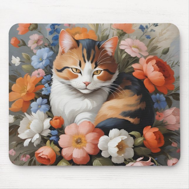 Cute calico cat and flowers mouse mat (Front)